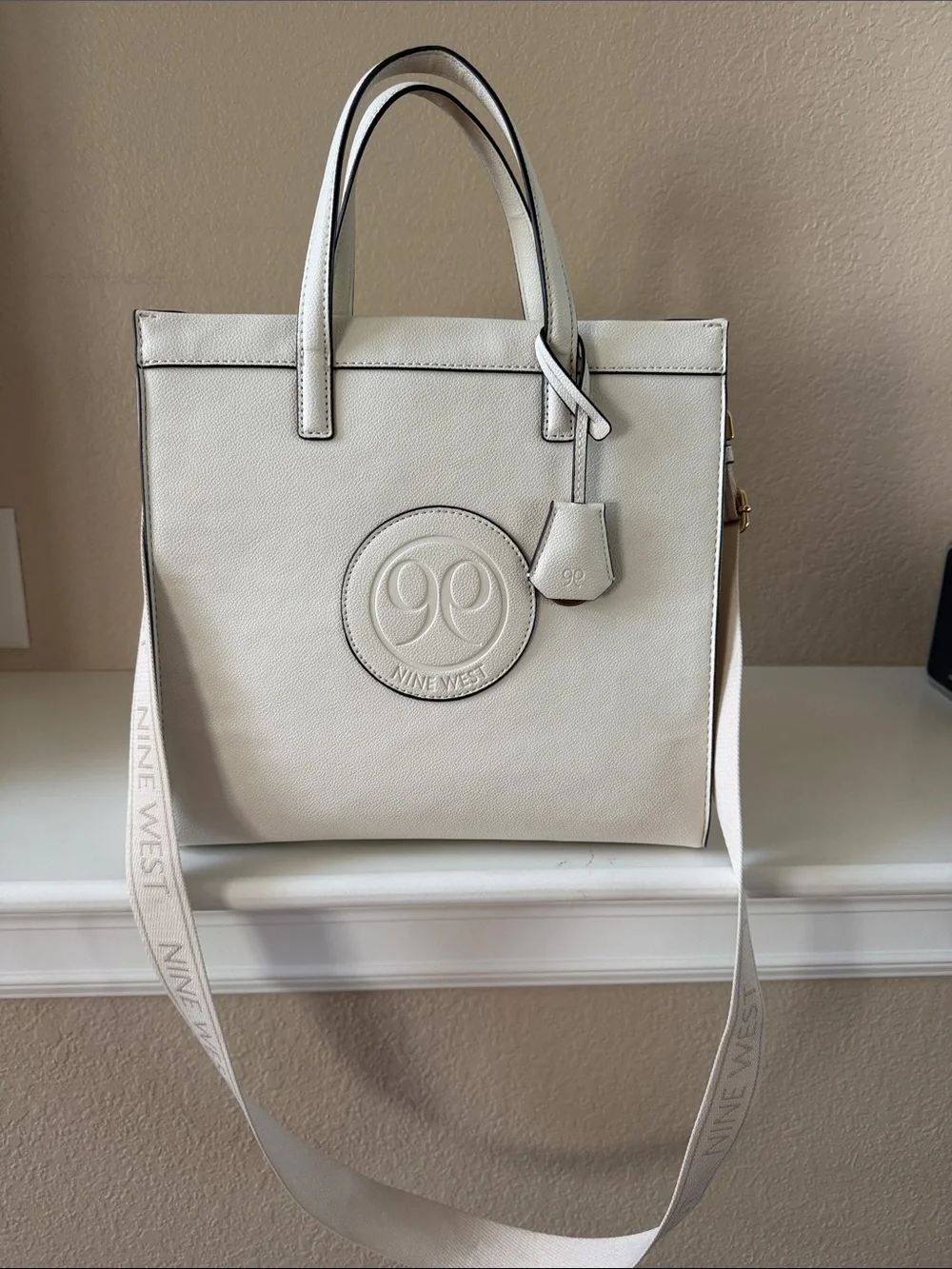 Nine West Cream Leather Tote with Logo Medallion